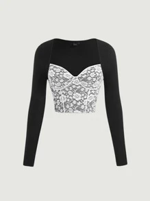 SHEIN MOD Sweetheart Neck Lace Panel Bustier Crop Top - Black and White - View 1