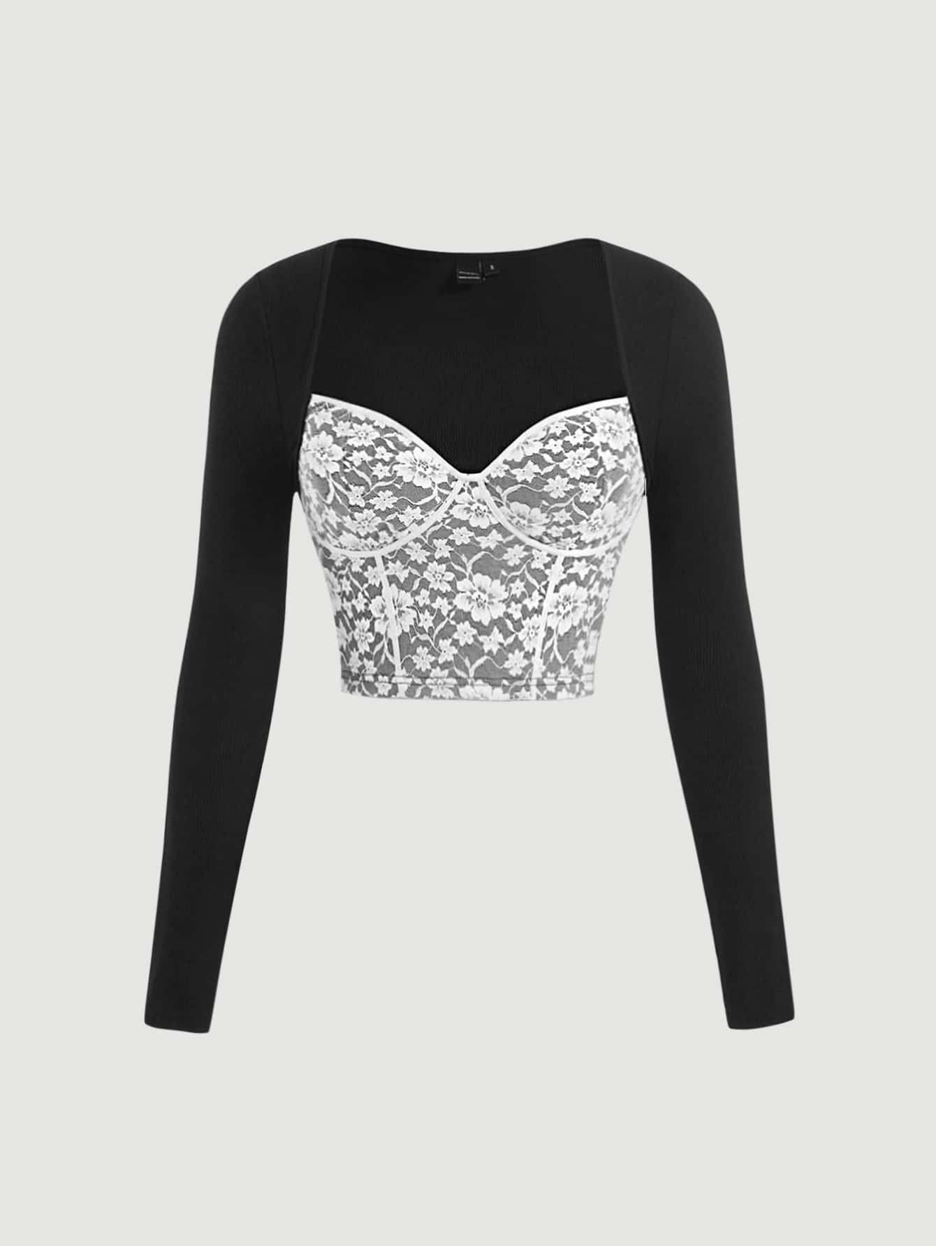 SHEIN MOD Sweetheart Neck Lace Panel Bustier Crop Top - Black and White - View 1