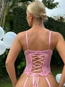 花卉蕾丝钢圈吊袜带紧身胸衣内衣套装带 1 双长筒袜 - 粉色 - 查看 2