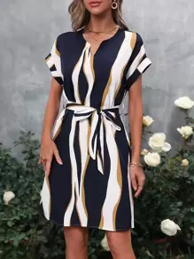 SHEIN Clasi Striped Notched Neck Belted Dress - Navy Blue - View 3