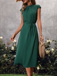 SHEIN Clasi Solid Batwing Sleeve Belted Dress - Green - View 6