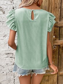 SHEIN VCAY Striped Print Butterfly Sleeve Blouse - Mint Green - View 2