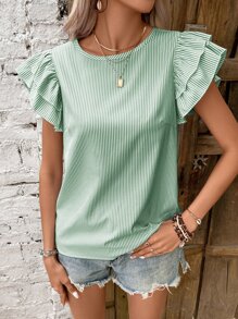 SHEIN VCAY Striped Print Butterfly Sleeve Blouse - Mint Green - View 4