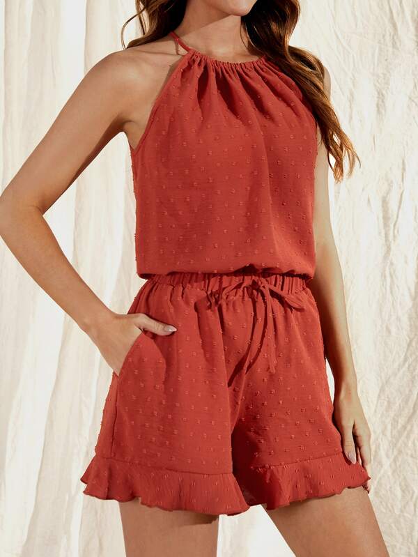 SHEIN VCAY Swiss Dot Keyhole Back Top & Ruffle Hem Shorts