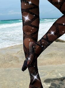 Rhinestone Detail Fishnet Tights Without Liner - Black - View 2