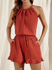 SHEIN VCAY de lunares de espalda con abertura de ojo Top & bajo con fruncido Shorts - Naranja Quemada - Ver 3