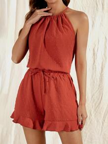 SHEIN VCAY de lunares de espalda con abertura de ojo Top & bajo con fruncido Shorts - Naranja Quemada - Ver 4