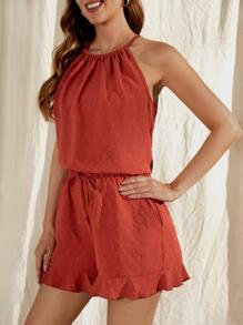 SHEIN VCAY de lunares de espalda con abertura de ojo Top & bajo con fruncido Shorts - Naranja Quemada - Ver 5