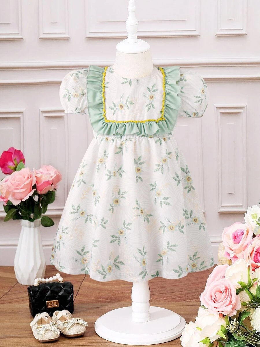 SHEIN Toddler Girls Floral Print Ruffle Trim Puff Sleeve Dress - White - View 1