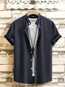 Manfinity Men Contrast Plaid Trim Button Through Shirt Without Tee - Navy Blue - View 1