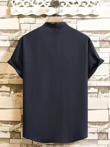 Manfinity Men Contrast Plaid Trim Button Through Shirt Without Tee - Navy Blue - View 2