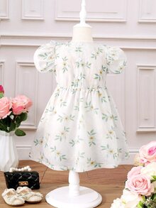 SHEIN Toddler Girls Floral Print Ruffle Trim Puff Sleeve Dress - White - View 2