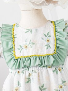 SHEIN Toddler Girls Floral Print Ruffle Trim Puff Sleeve Dress - White - View 3