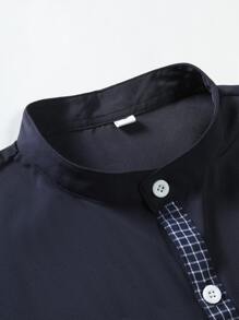 Manfinity Men Contrast Plaid Trim Button Through Shirt Without Tee - Navy Blue - View 4