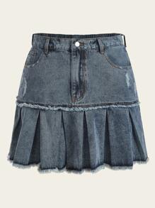 SHEIN ICON Plus Raw Hem Pleated Denim Skirt - Dark Wash - View 1