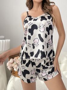 Cow & Letter Graphic Satin PJ Set / Pajama Set - Multicolor - View 3