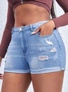 SHEIN SXY Plus Ripped Roll Up Hem Denim Shorts - Light Wash - View 1