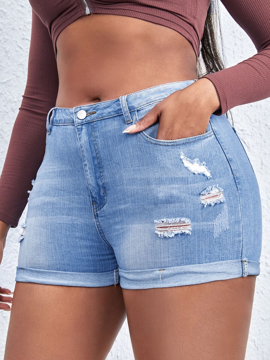 SHEIN SXY Plus Ripped Roll Up Hem Denim Shorts - Light Wash - View 1