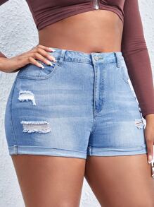SHEIN SXY Plus Ripped Roll Up Hem Denim Shorts - Light Wash - View 4