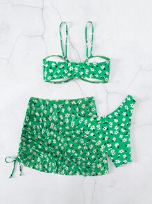 3入組小花圖案前扣的臀部比基尼套裝和拉繩海灘裙 - 綠色 - 查看 2
