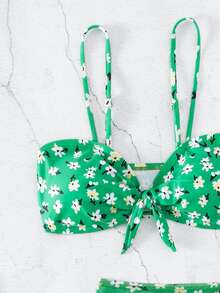 3入組小花圖案前扣的臀部比基尼套裝和拉繩海灘裙 - 綠色 - 查看 4