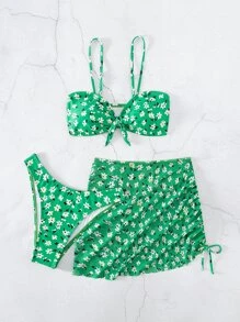 3入組小花圖案前扣的臀部比基尼套裝和拉繩海灘裙 - 綠色 - 查看 6