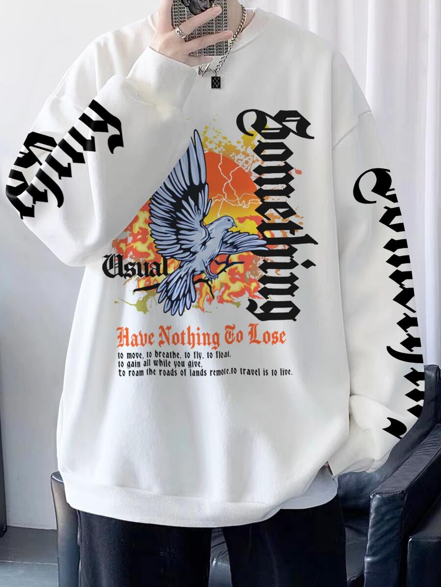 Manfinity Men Slogan & Eagle Print Drop Shoulder Pullover - White - View 1
