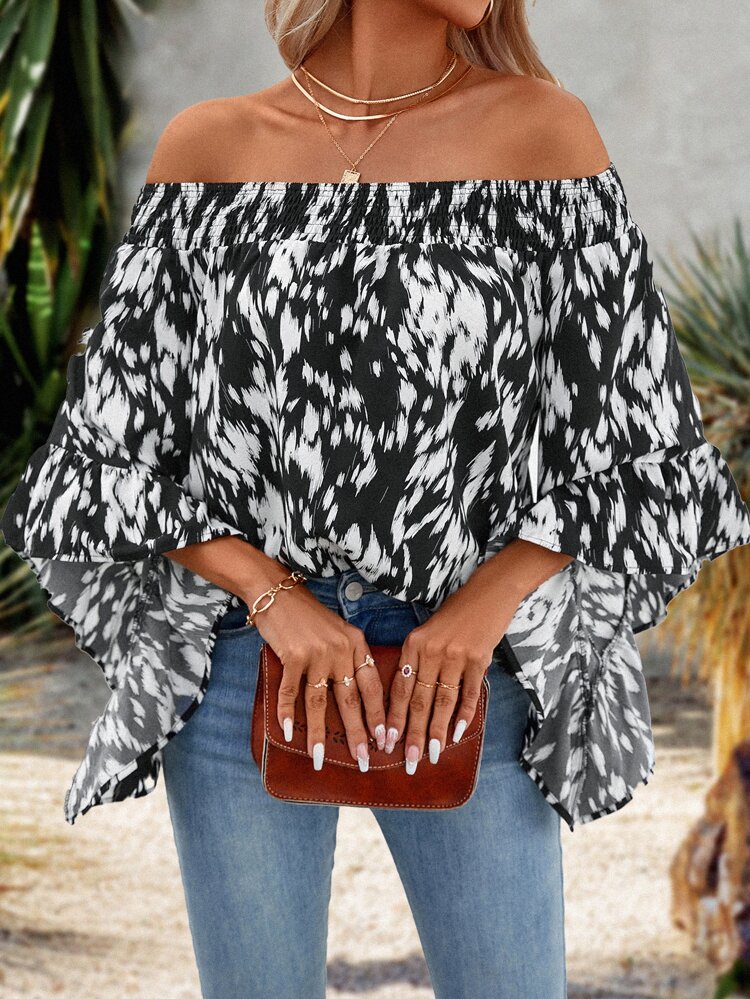 Allover Print Off Shoulder Flounce Sleeve Blouse