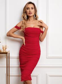 Off Shoulder Split Back Ruched Bandage Dress