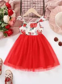 Toddler Girls Floral Print Ruffle Trim Contrast Mesh Dress - Red and White - View 1