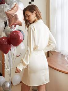 落肩袖腰帶襯衫連衣裙 - 米色 - 查看 2