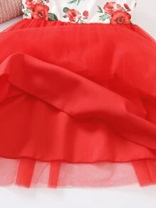 Toddler Girls Floral Print Ruffle Trim Contrast Mesh Dress - Red and White - View 5