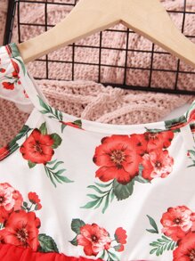 Toddler Girls Floral Print Ruffle Trim Contrast Mesh Dress - Red and White - View 6