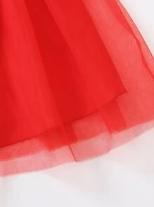 Toddler Girls Floral Print Ruffle Trim Contrast Mesh Dress - Red and White - View 7