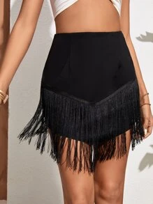 SHEIN VCAY Fringe Trim Asymmetrical Hem Skirt - Black - View 4