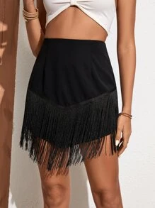 SHEIN VCAY Fringe Trim Asymmetrical Hem Skirt - Black - View 6