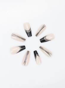 24 piezas largo ataúd con patrón de rayas Uña postiza & 1 pieza lima de uñas & 1 hoja cinta - Blanco y Negro - Ver 3