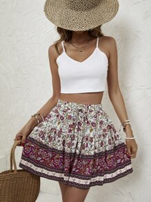 SHEIN VCAY Floral Print Knot Front Skirt - Red and White - View 3