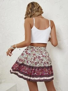 SHEIN VCAY Floral Print Knot Front Skirt - Red and White - View 2