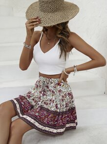 SHEIN VCAY Floral Print Knot Front Skirt - Red and White - View 4