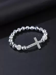 Men Cubic Zirconia Cross Decor Beaded Bracelet