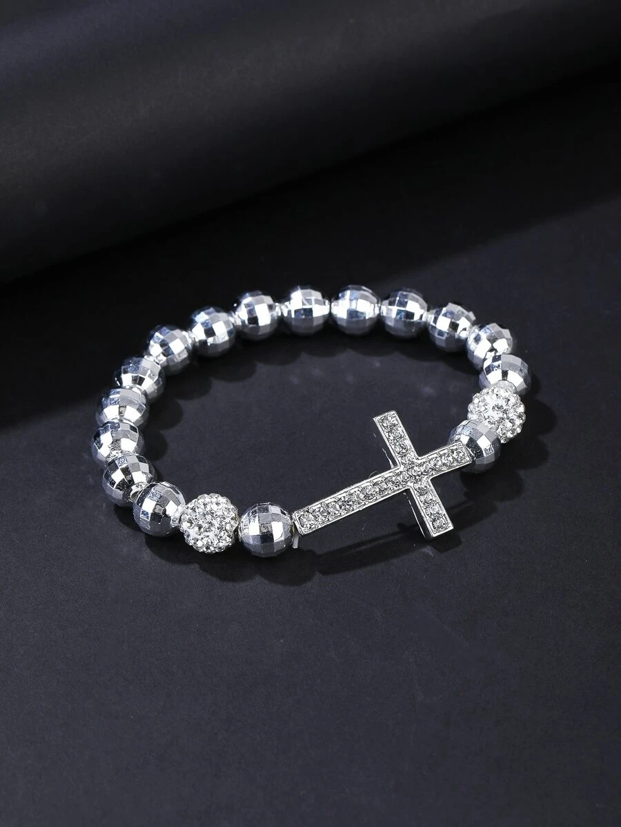 Men Cubic Zirconia Cross Decor Beaded Bracelet