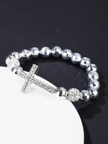 Men Cubic Zirconia Cross Decor Beaded Bracelet