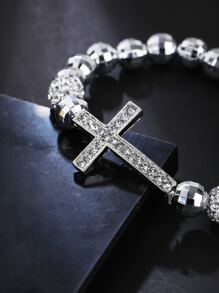 Men Cubic Zirconia Cross Decor Beaded Bracelet