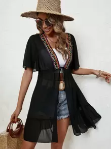 Swim Vcay 对比色 Geo Tape 系带前褶边下摆和服，适合夏季海滩度假 - 黑色 - 查看 3