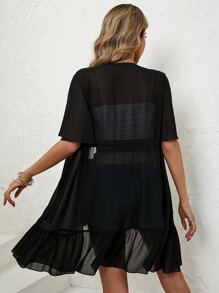 Swim Vcay 对比色 Geo Tape 系带前褶边下摆和服，适合夏季海滩度假 - 黑色 - 查看 2