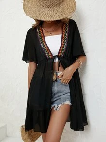 Swim Vcay 对比色 Geo Tape 系带前褶边下摆和服，适合夏季海滩度假 - 黑色 - 查看 4
