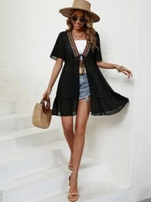 Swim Vcay 对比色 Geo Tape 系带前褶边下摆和服，适合夏季海滩度假 - 黑色 - 查看 5