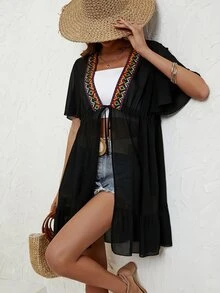 Swim Vcay 对比色 Geo Tape 系带前褶边下摆和服，适合夏季海滩度假 - 黑色 - 查看 6