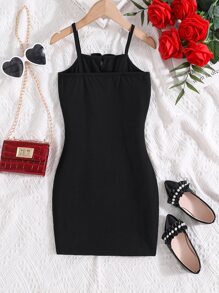 Chicas Vestido de tirantes unicolor con lazo delantero - Negro - Ver 2